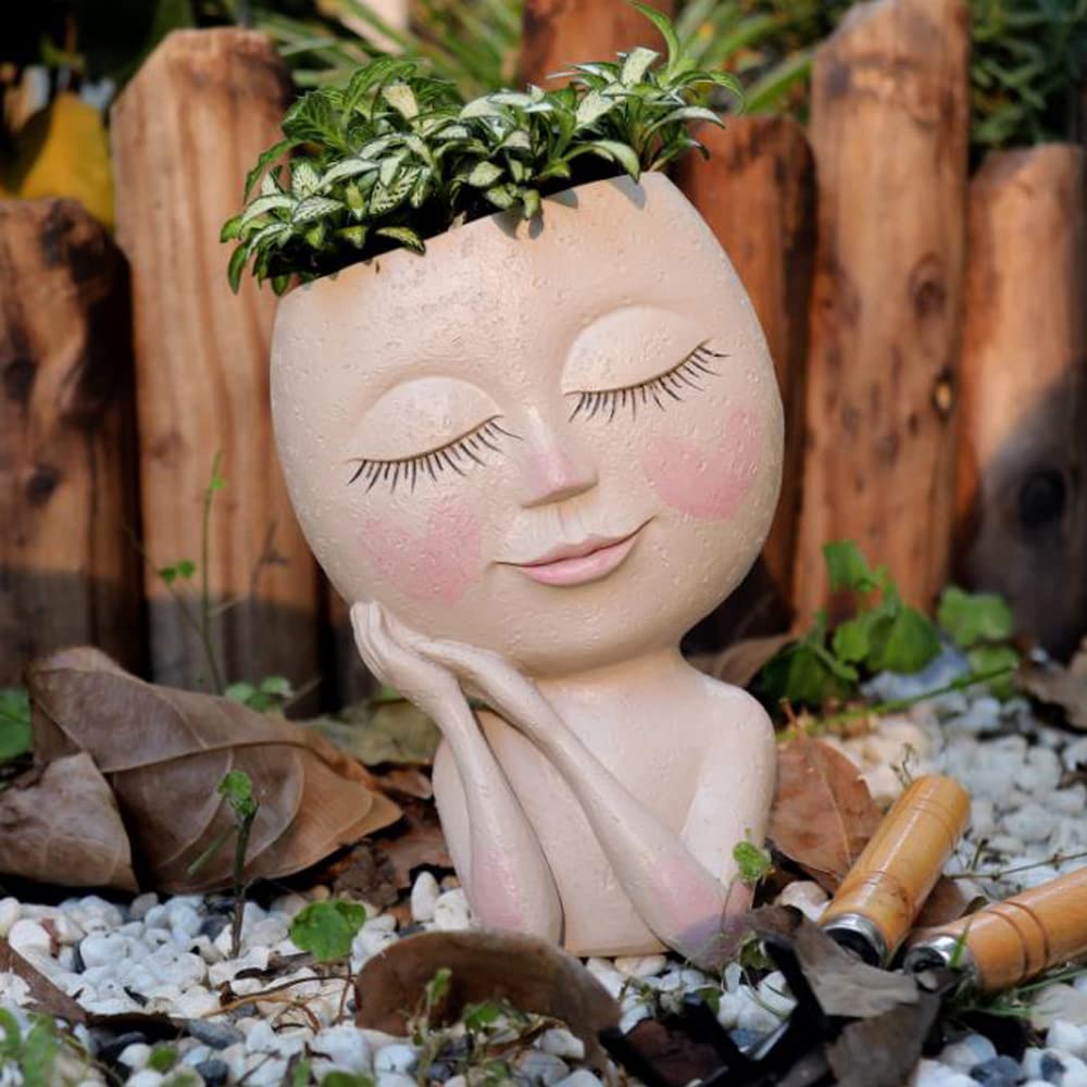 Meyas Cute Lady Face Planters, Indoor/Outdoor Succulent & Flower Pots With Drainage Hole, Resin Material, Perfect Garden Gift - Image 2
