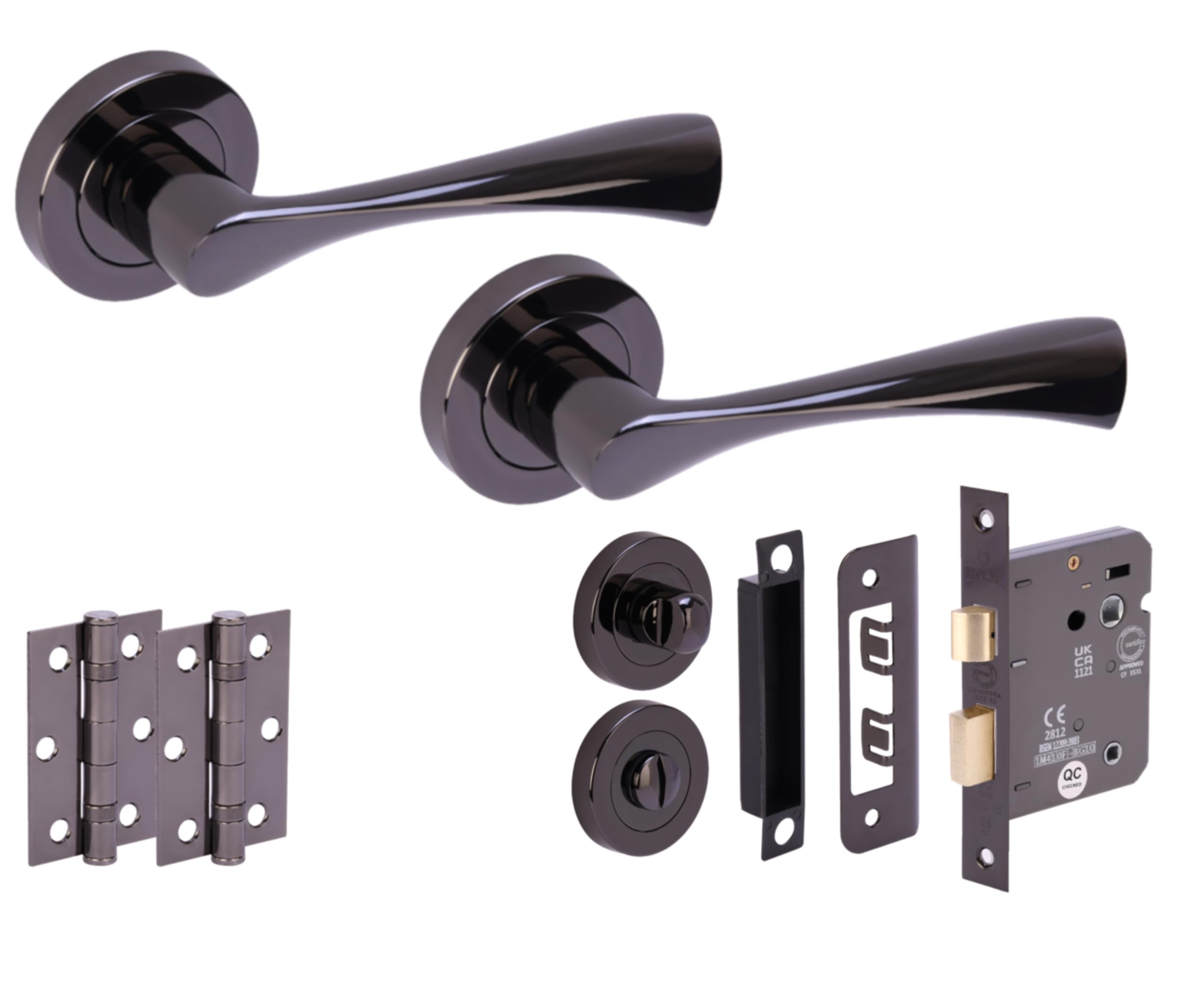 Hunta HANDLEZONE® Zena Door Handles on Rose Bathroom Lock Pack with Ball Bearing Hinges - Black Nickel
