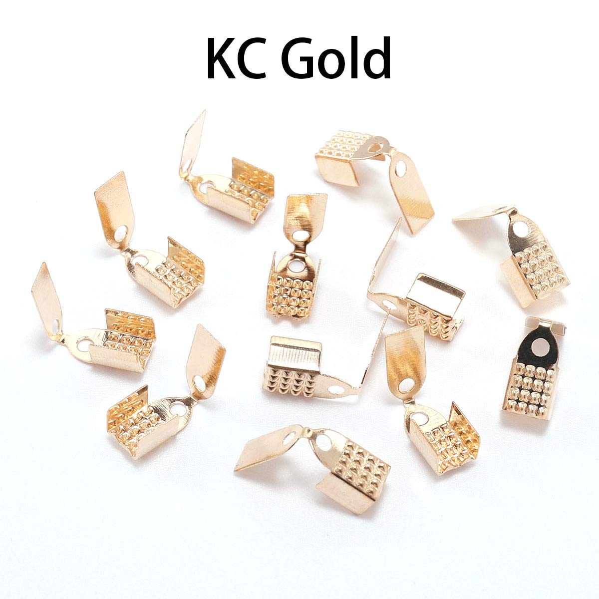 100pcs 4 mm Metal Rope Fastener Crimp Fold Over Cord End Cap Leather Clip Connector for DIY Jewelry Making Findings Supplies (KC Gold, 4mm)