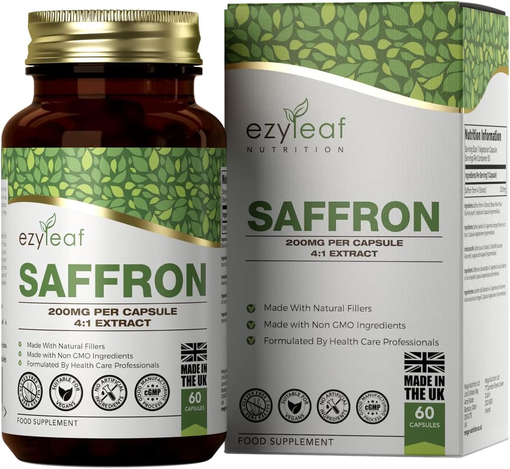 Ezyleaf Azafrán Suplemento | 60 Cápsulas de Azafran de Alta Potencia - 200mg de Extracto de Azafrán Capsulas por Porción | Sin OGM, Gluten, y Alérgenos | Hecho en el Reino Unido