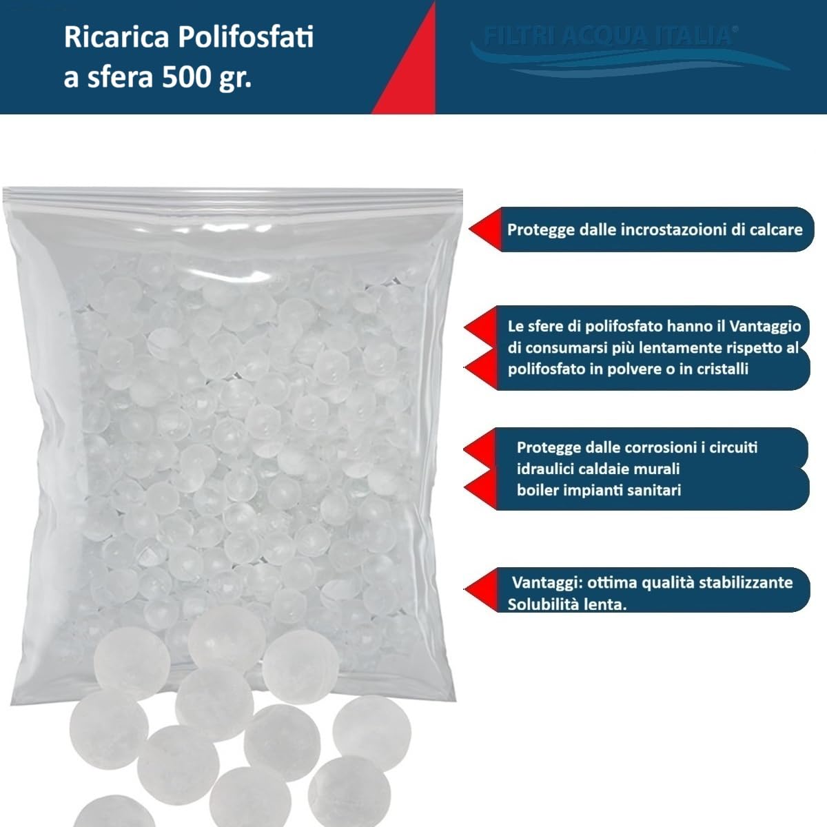 Polifosfati a Sfere 500 gr. Ricarica per Filtri Anticalcare Lavatrice, Dosatori ecc.