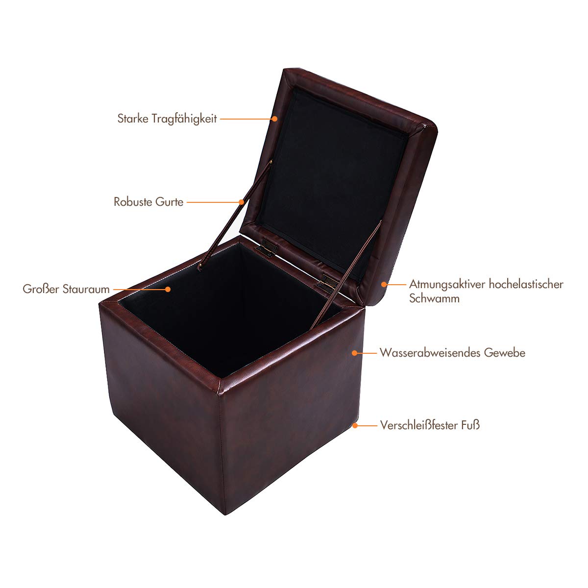 DREAMADE Sitzwürfel mit Stauraum, Sitzhocker Sitzbank, Hocker Aufbewahrungsbox Fußbank, Farbwahl, PU, 40 x 40 x 40 cm (Braun)