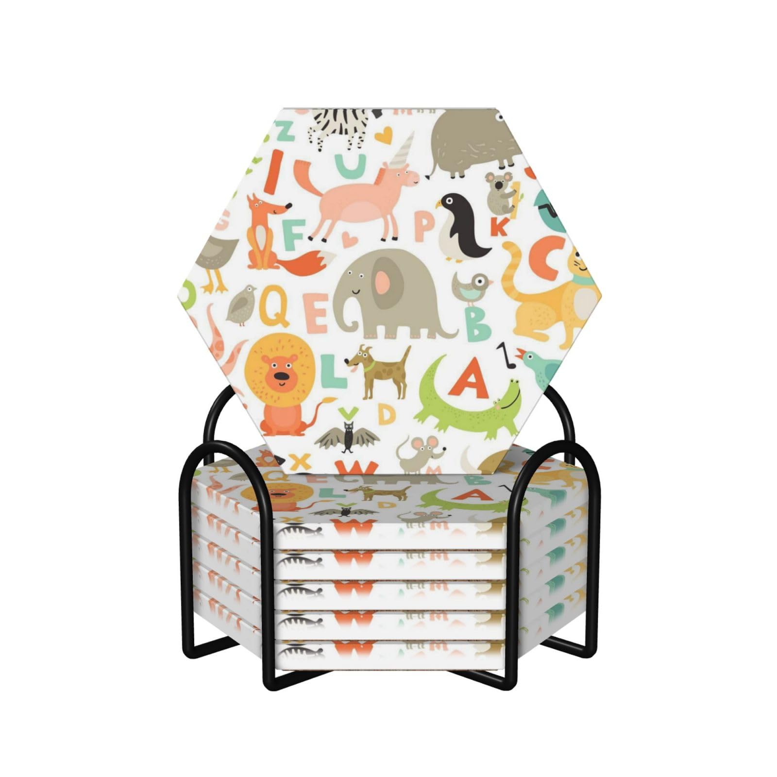 Dessous de verre avec support alphabet du zoo en céramique et liège