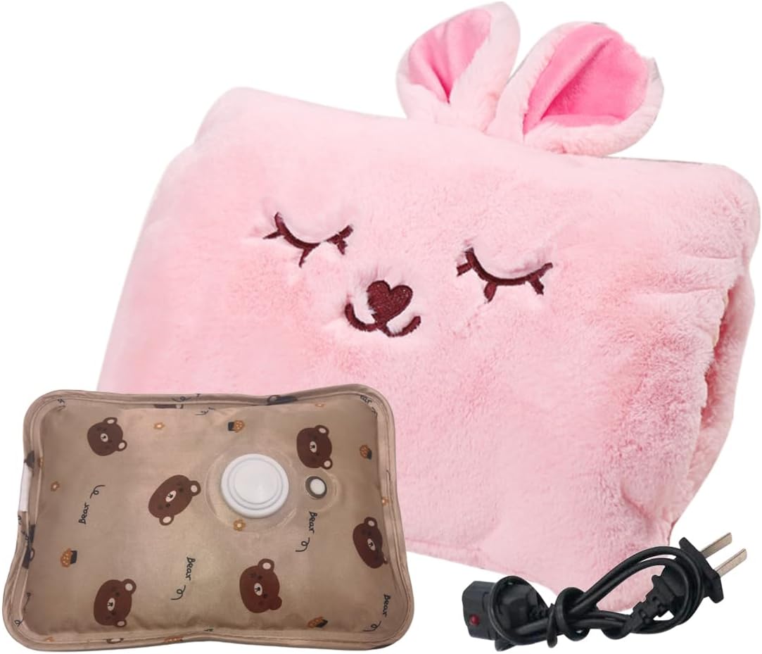 Cute Hot Water Bottle with Soft Cover，Portable Rechargeable Electric Hot Water Bag for Menstrual Cramps，Hot Compress Heating Pad,Plush Bunny Hand Warmer（Spring Impressive Gift）