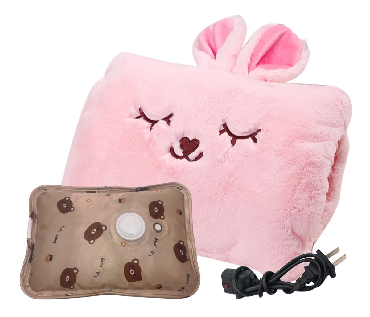 Cute Hot Water Bottle with Soft Cover，Portable Rechargeable Electric Hot Water Bag for Menstrual Cramps，Hot Compress Heating Pad,Plush Bunny Hand Warmer（Spring Expressive Gift