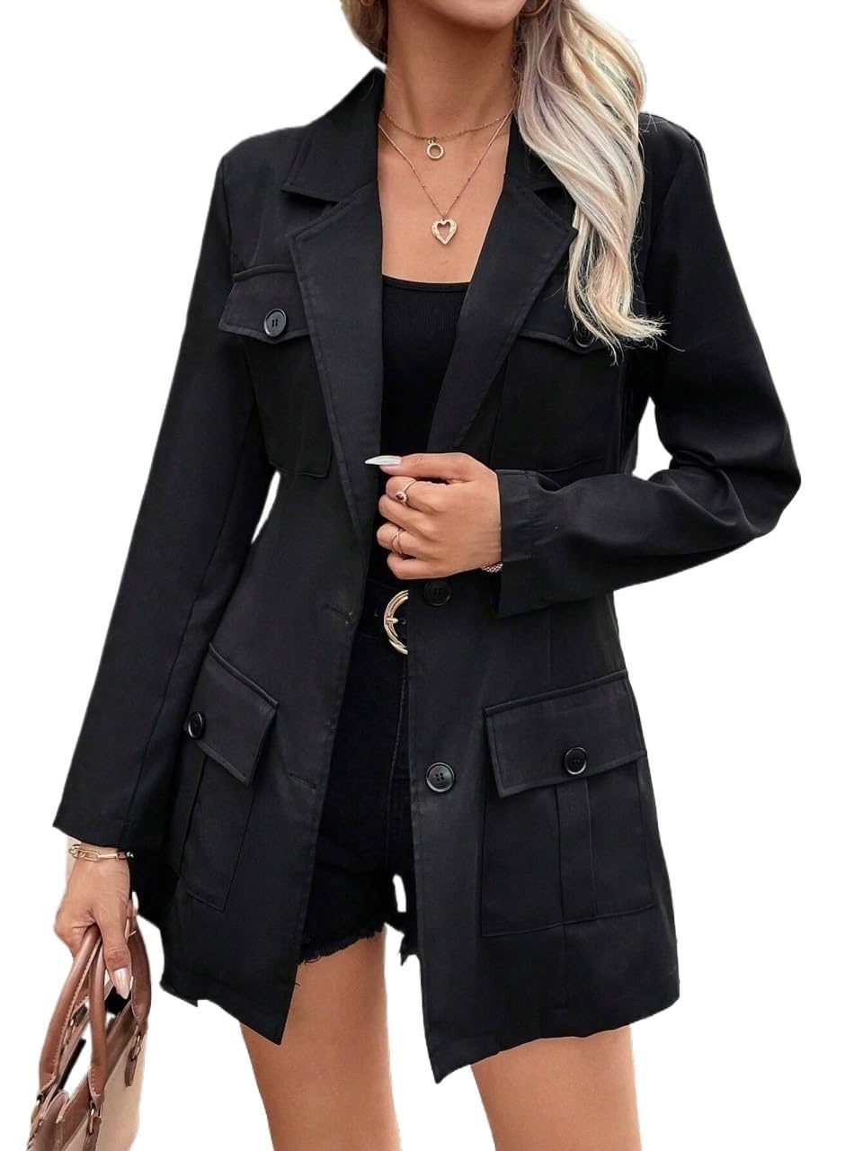 Womens Casual Jacket Blazer Casual Pocket Single Breasted Lapel Midi Blazer Long Sleeve Office Coat