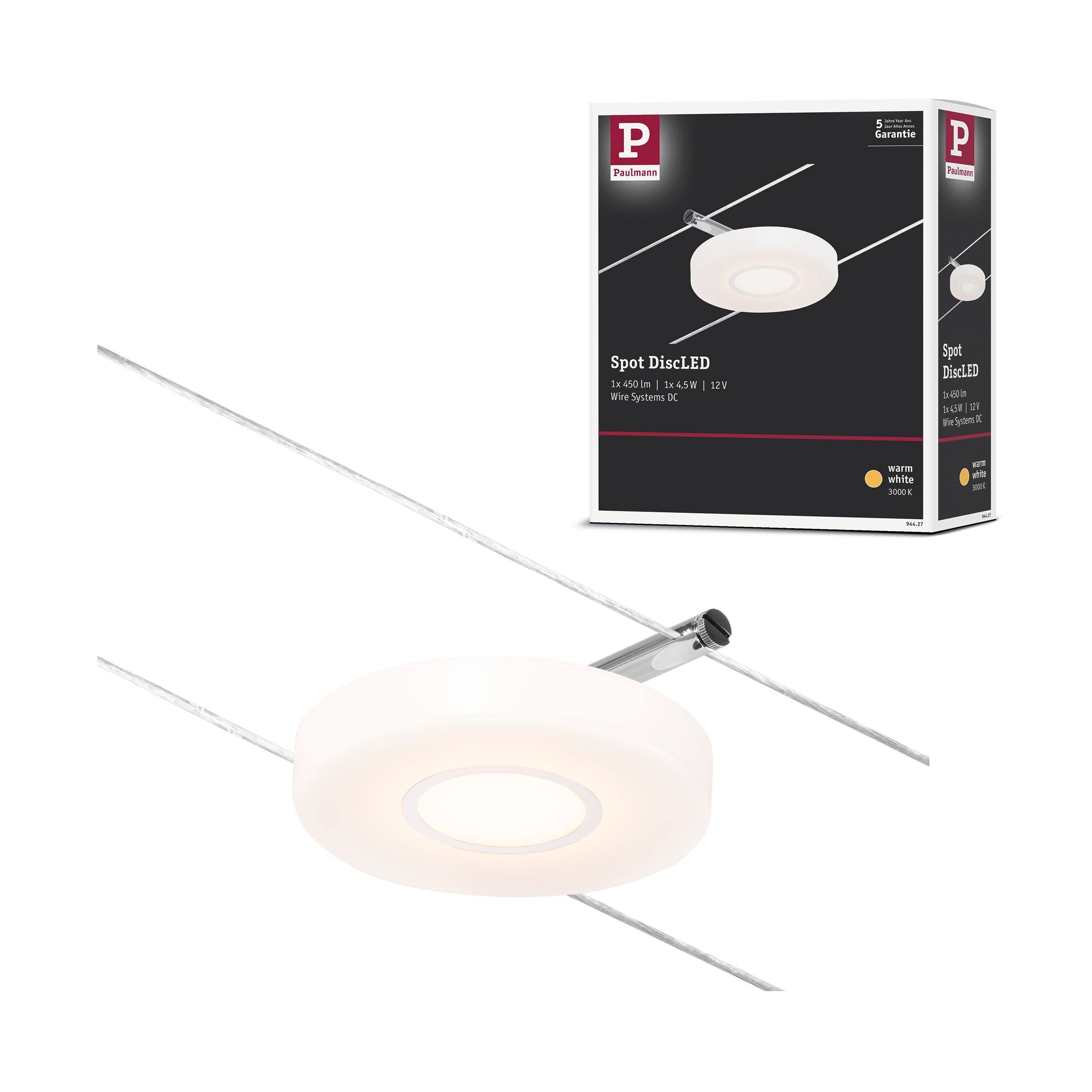 Paulmann CorDuo 94427 Spot LED en forme de corde avec 1 ampoule 4,​5 W extensible Chrome mat, câble métallique chromé 3000 K