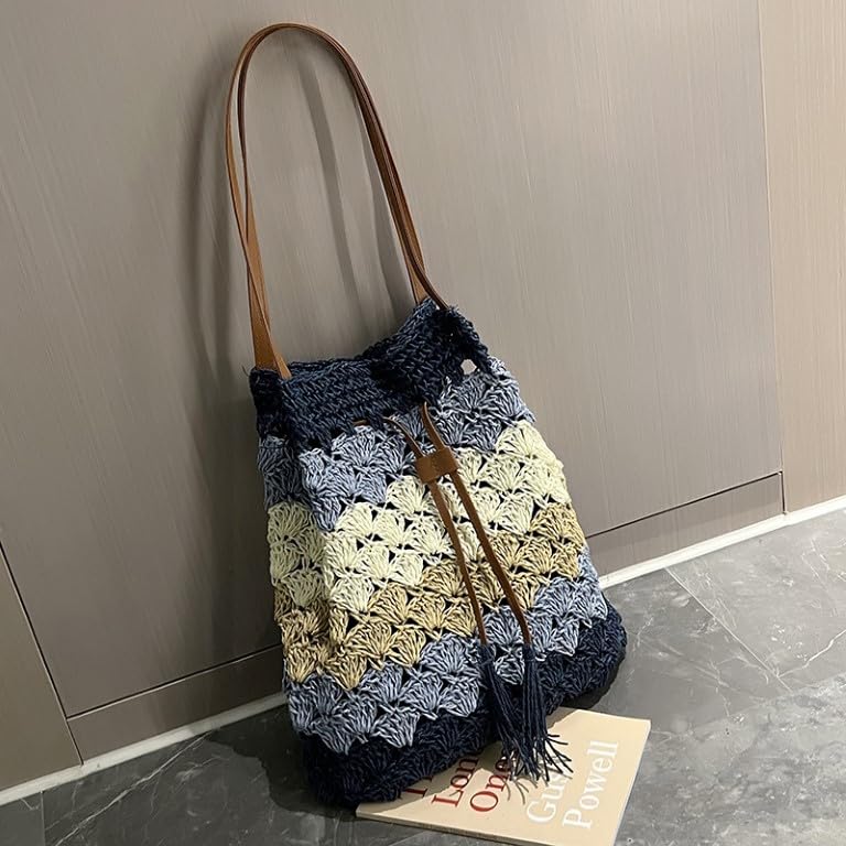 Image of MAIRO LIFESTYLE Straw Wicker Handmade Boho Summer Beach Drawstring Tote Bag