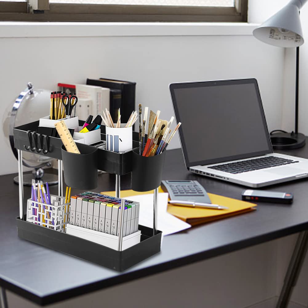 Scaffale a 2 ripiani con 4 ganci – Scaffale multifunzionale per cucina e bagno, ideale per nizing sotto il lavello piano di lavoro e armadi
