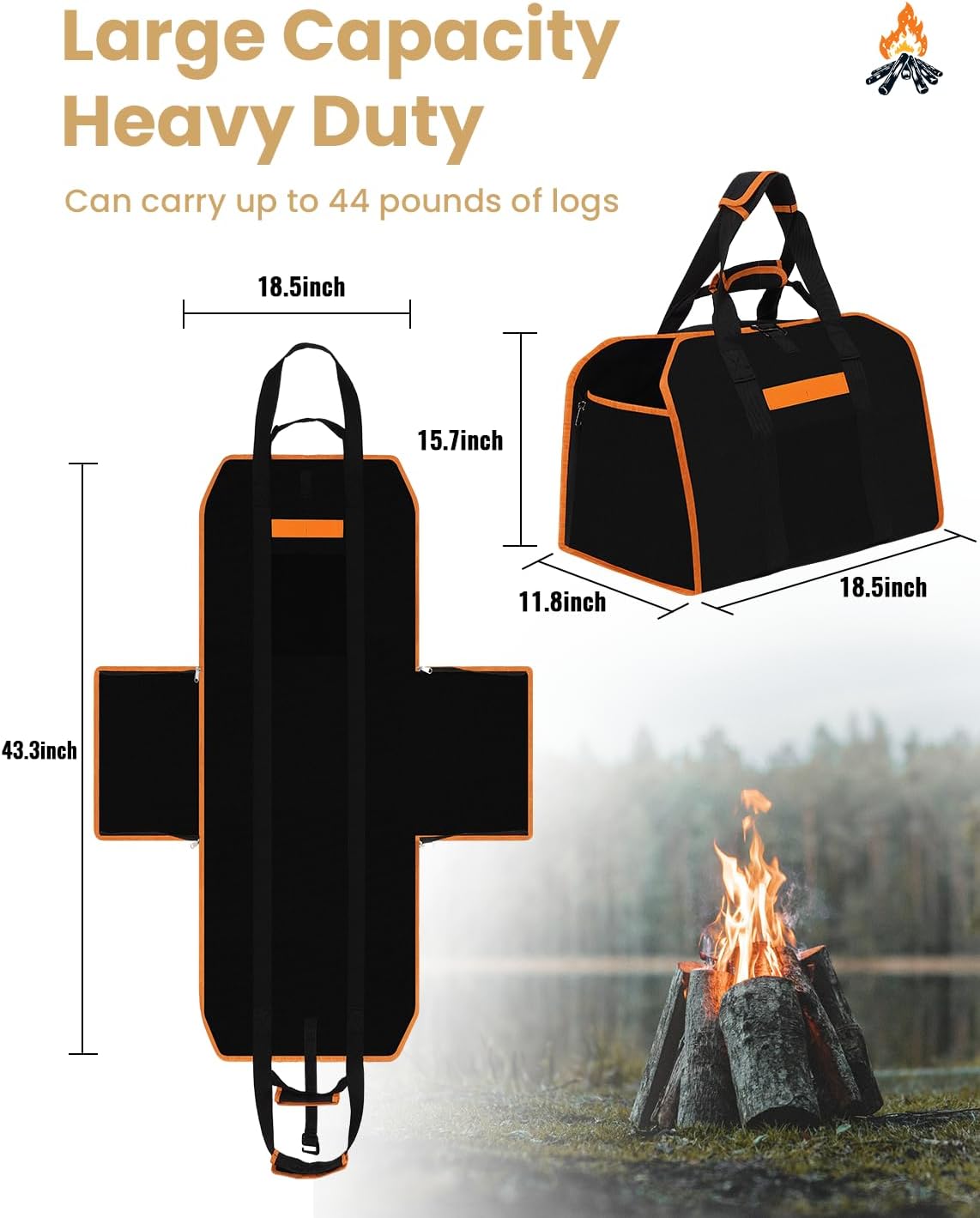 YOHOOLYO 2 In 1 Firewood Carrier, Waxed Canvas Large Fireplace Log Carriers Heavy Duty Firewood Tote Bag Log Holder with Handles Strap for Fireplace Indoor Outdoors Camping - Image 3
