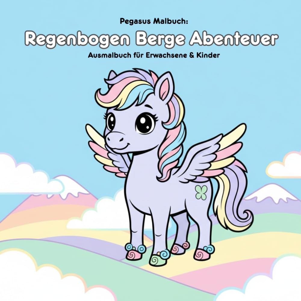 Pegasus Malbuch & Geschichte: Regenbogen Berge Abenteuer: Für Erwachsene & Kinder | 36 Ausmalbilder | 21.59 x 21.59 cm | Große Motive für kleine Künstler zum Entdecken