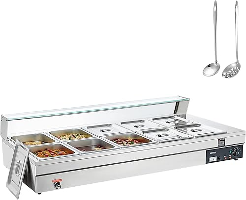 Miniatura 12 de VEVOR Calentador de Alimentos Comercial, Calentador de Alimentos al Vapor Eléctrico de Acero Inoxidable de 1500W con Tapa de Vidrio, 6 Bandejas de