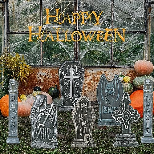 Halloween Grabstein Deko Outdoor XXL 81cm,7Pcs Gruselig RIP Grabstein Hof-Schilder Roadside Vorsicht Requisiten mit Erdspießen Gartendeko für Party,Spukhaus,Friedhof,Rasen im Freien,Draußen,Aussen