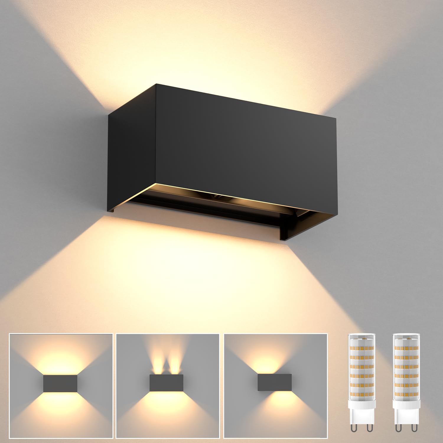 YrgePowk Applique da Parete con Lampadina Sostituibile G9 LED, Applique da Esterno IP65 Impermeabile Applique da Parete Interno 18W 3000K Bianco Caldo Angolo del Fascio Regolabile (Nero)