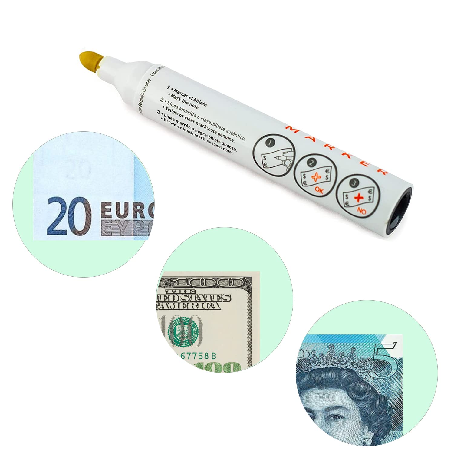 CAJA 12 Rotuladores Rotulador Bolígrafo Detector Billetes Falsos boli apto para todos los billetes de Euros, Dólar, Libras. Fabricado en España