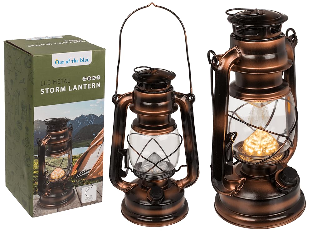 Lanterne Tempête LED Métal Bronze - 15x25cm, Réglage Continu Luminosité, 2 Piles LR20 - Idéale Camping & Urgence