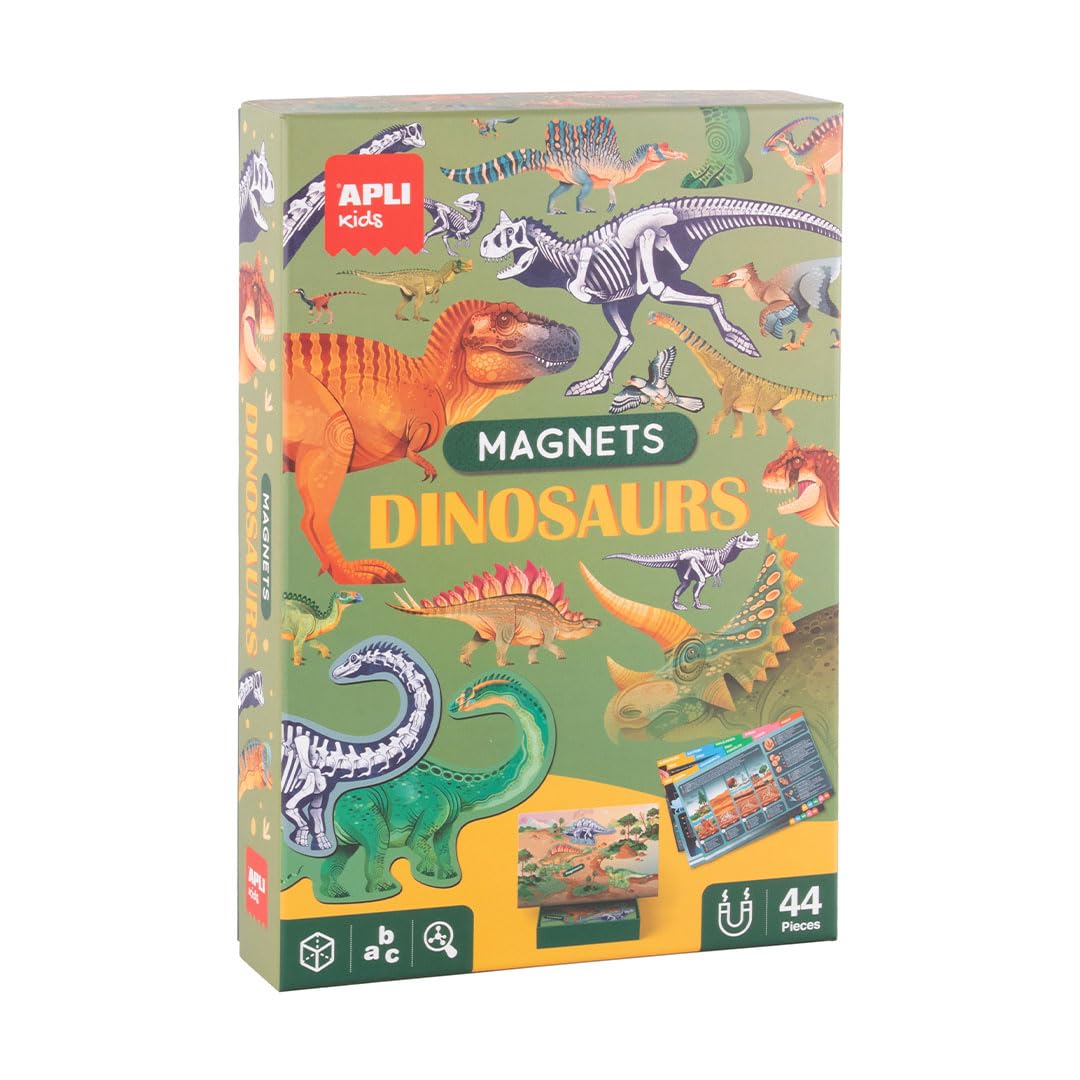 APLI Kids 20139 Magnetisches Lernspiel, Dinosaurier, Tafel mit 44 Magnetteilen und Erläuterungskarten, empfohlen für Kinder ab 5 Jahren
