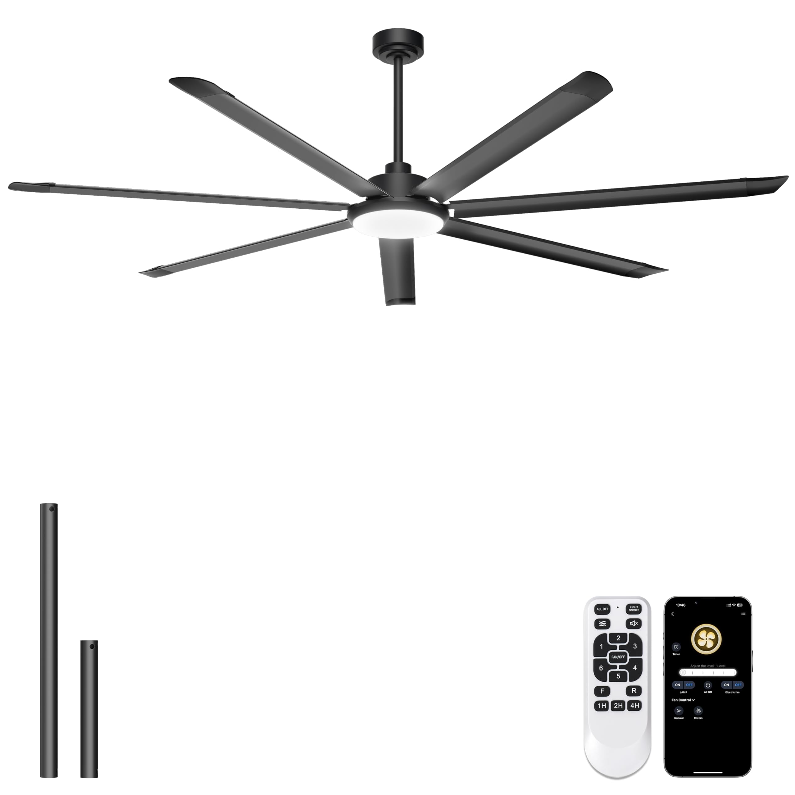 Ohniyou Ventilador de Techo de 213 cm con Luz - Ventiladores de Techo Industrial Grande con Control Remoto/APP, 7 Aspas de Aluminio, Motor DC Silencioso para Interior Exterior Terraza Garaje, Negro - 2