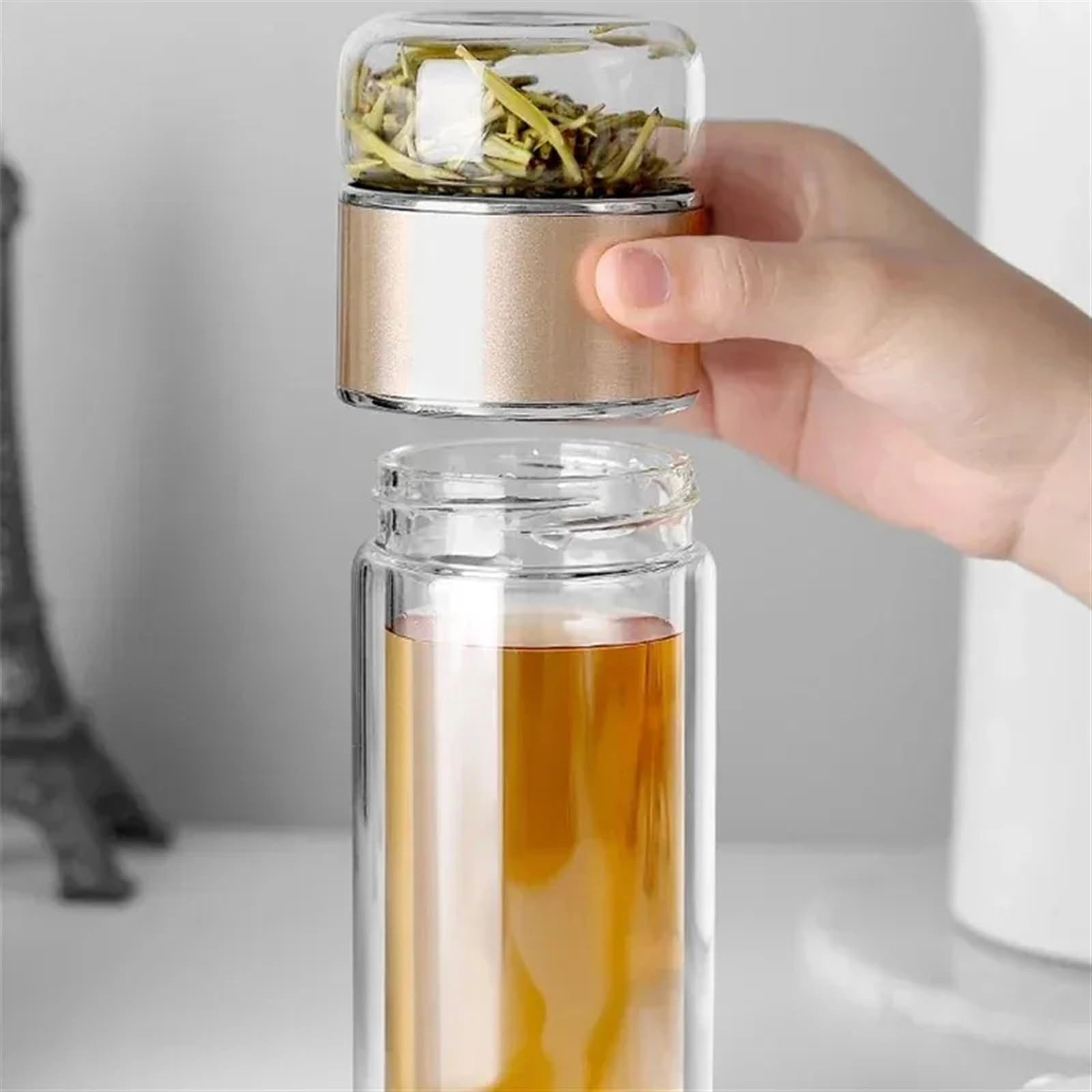 Botella de agua del té de 390ML, vaso de agua del té de doble capa de vidrio de borosilicato alto, vaso infusor, botella de agua con filtro de té(Gold)