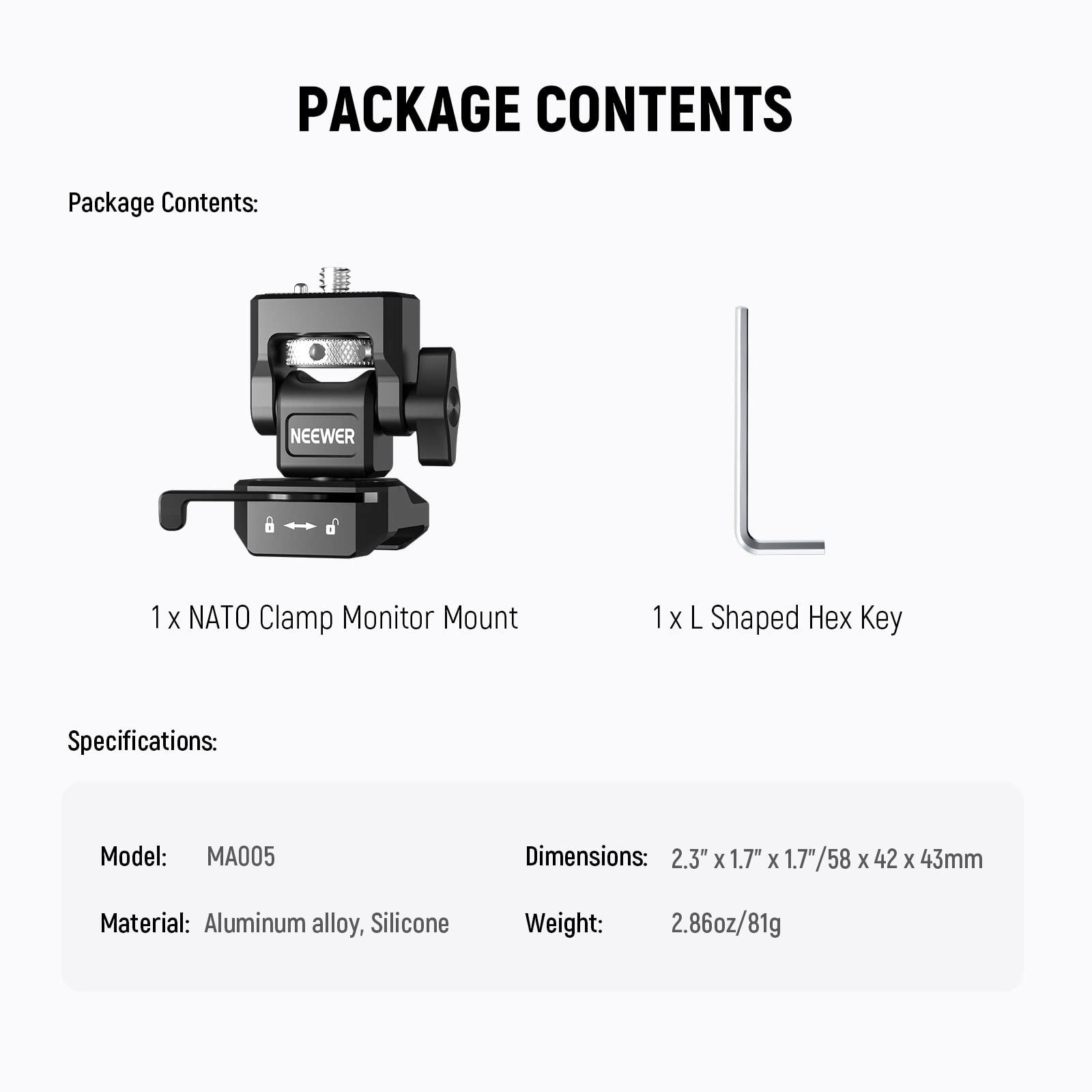 NEEWER Support de Moniteur Caméra avec Pince QR NATO, Vis Moletée 1/4" Antitorsion, Amortissement d'Inclinaison 180° Réglable, Monitor Mount Compatible avec SmallRig Atomos Ninja V 5"&7", MA005