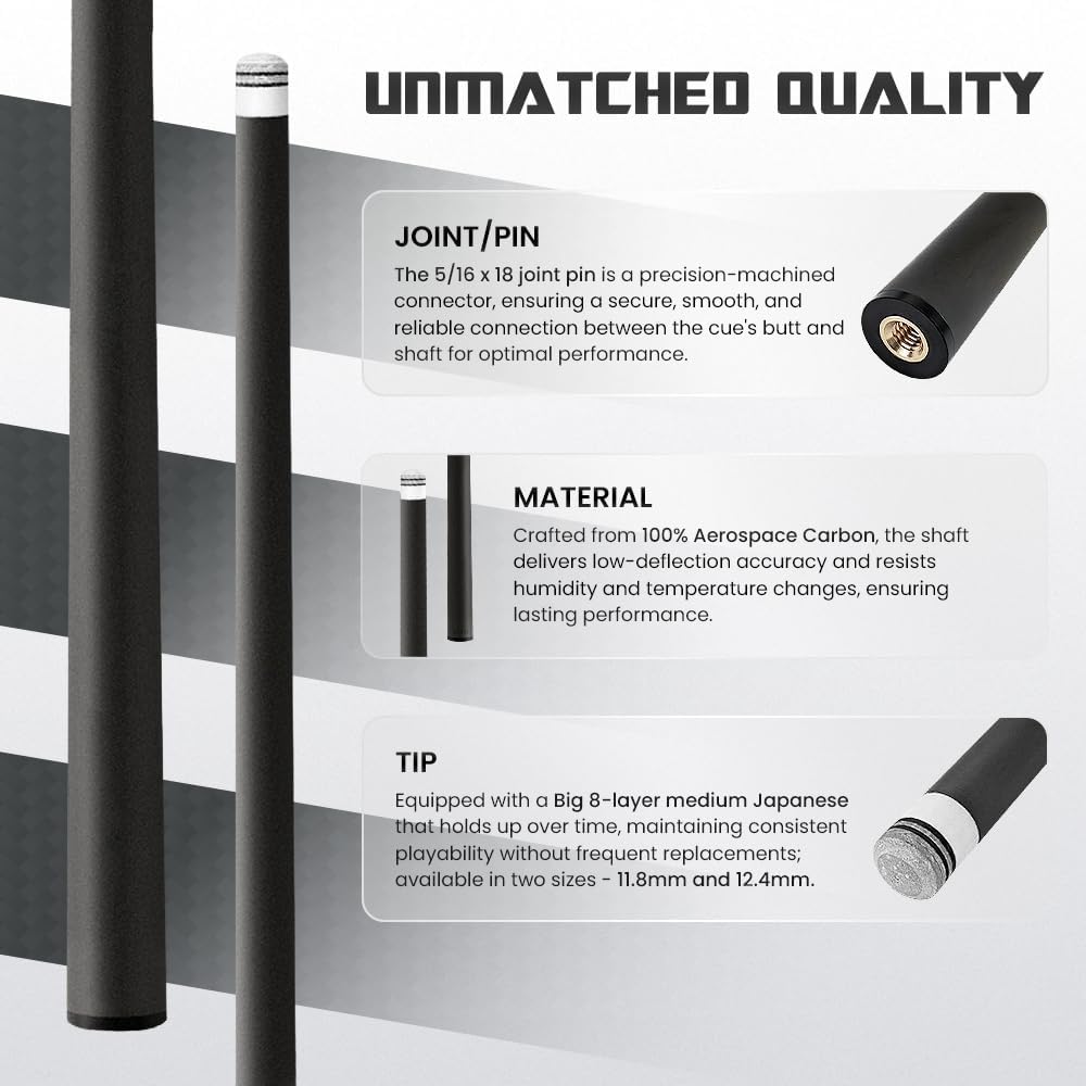 Big Cat Carbon Fiber Pool Shaft – Aerospace-Grade Carbon, Japanese Style Tip, 30” Length, Premium Billiard Carbon Shaft for Adults – 11.8mm and 12.4mm, 5/16 x 18, Carbon Fiber Shaft