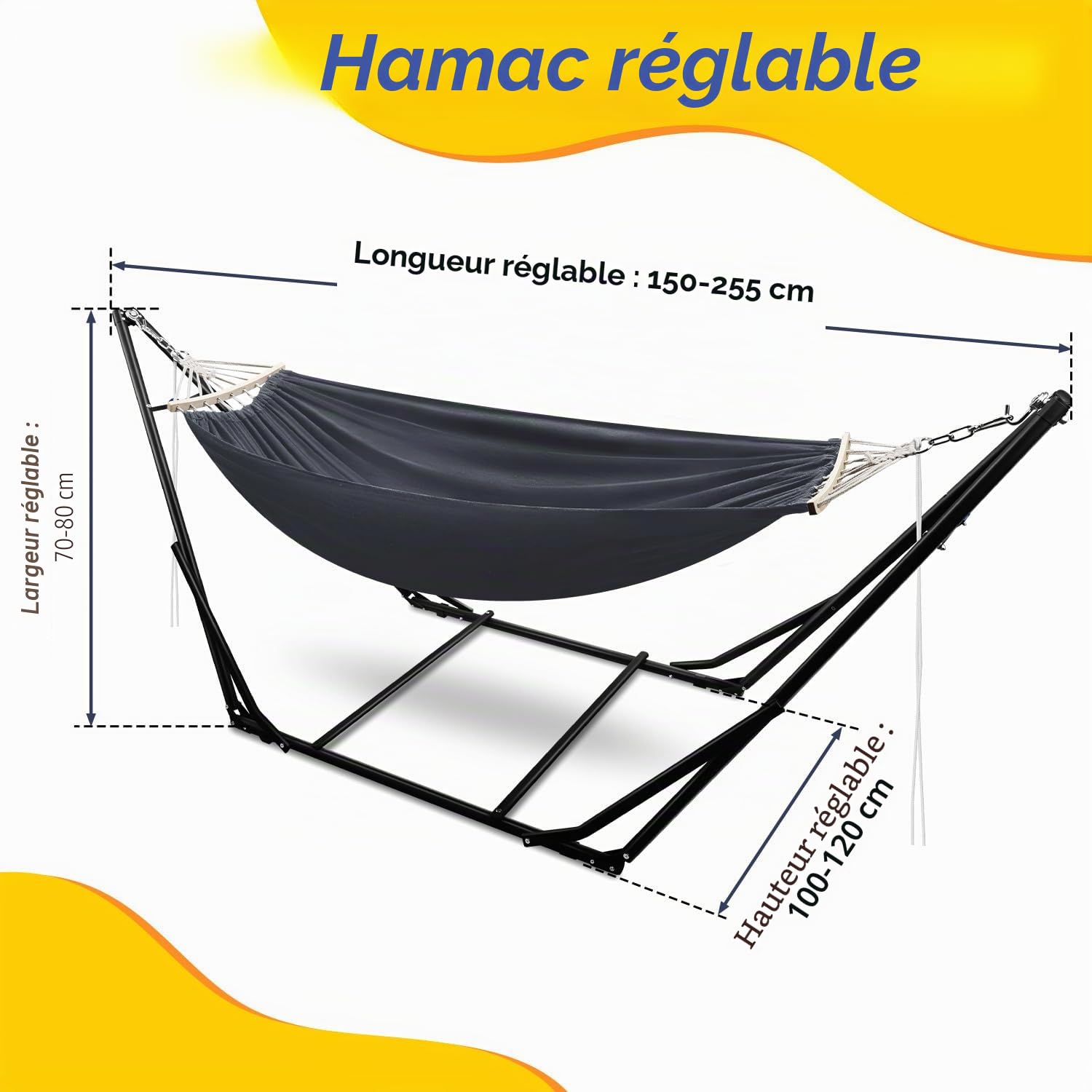 Hamac avec support, charge maximale 200 kg, pour 2 personnes, hamac d'extérieur pliable avec armature pour jardin, terrasse, balcon, avec sac de transport, structure en métal