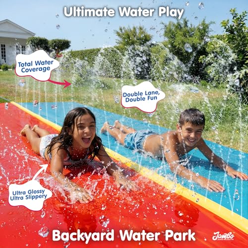 Image of JAMBO Premium 18Ft Budget Slip Splash and Slide, Heavy Duty Water Slide with Advanced Sprinkler System, Backyard Waterslide, Splash Mat, Outdoor Water Toys n Slides for Kids