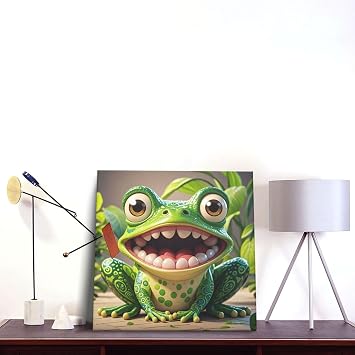 Frog With Mouth Open Cartoon Canvas Wall Art Square Bathroom Decor 16"X16" Wall Decor Pictures Farmhouse Modern Artwork Posters Prints For Bathroom Bedroom Decoration