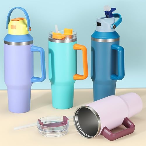 Miniatura 6 de 1 vaso de 40 onzas con asa y pajilla, vaso aislado de acero inoxidable con tapa y popote (2 tapas), botella de agua sin BPA, taza de café de viaje