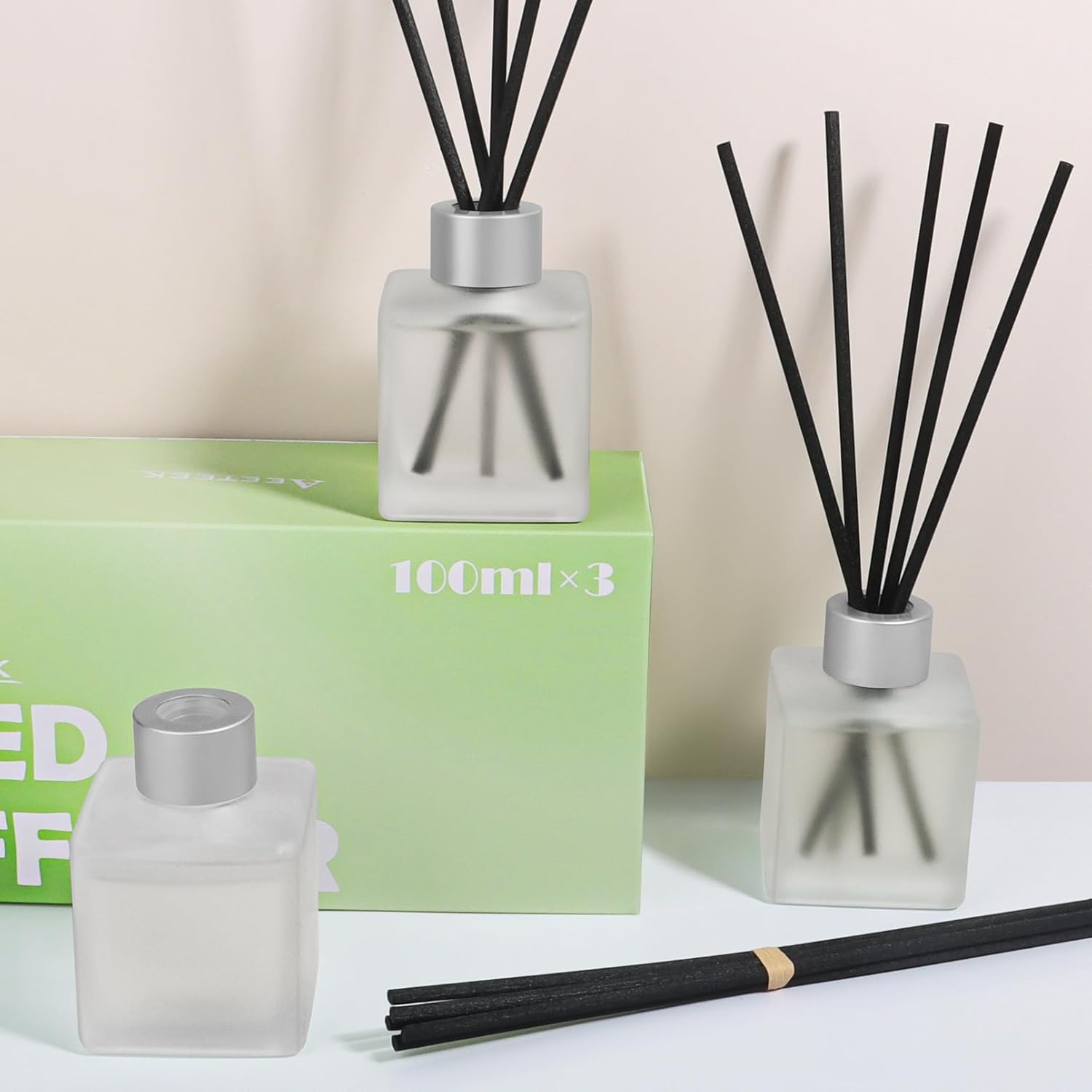 Reed Diffuser Set of 3, 50ml White Birch Cedar & Oud Bergamot & Green Tea Essential Oil with Diffuser Sticks, Long Lasting Fragrance Air Freshener for Home