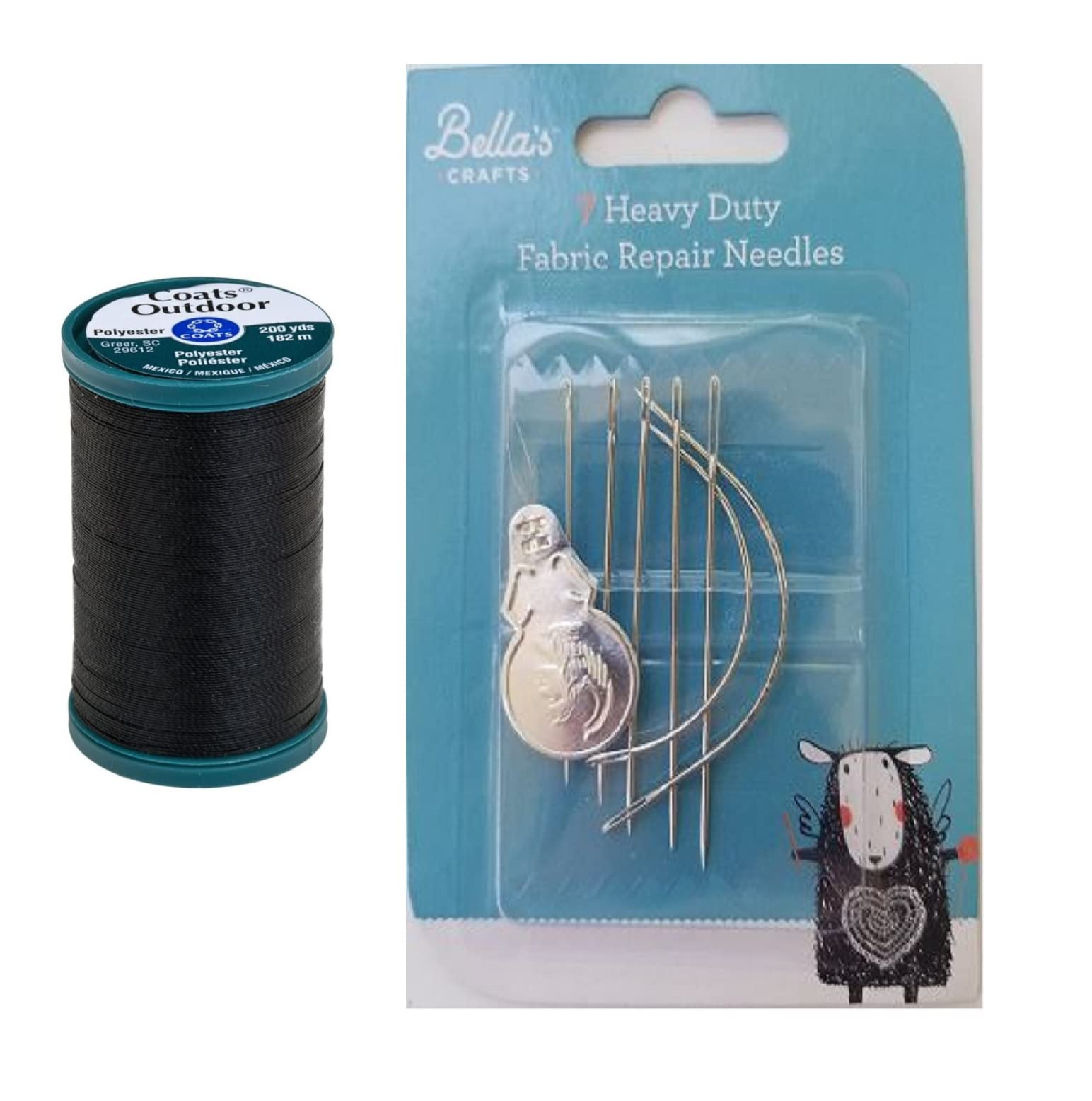 Bella's CraftsBella's Crafts Coats Outdoor Living Thread, 200 Yards Black Bundle with Assorted Heavy Duty Hand Needles 7 Count
