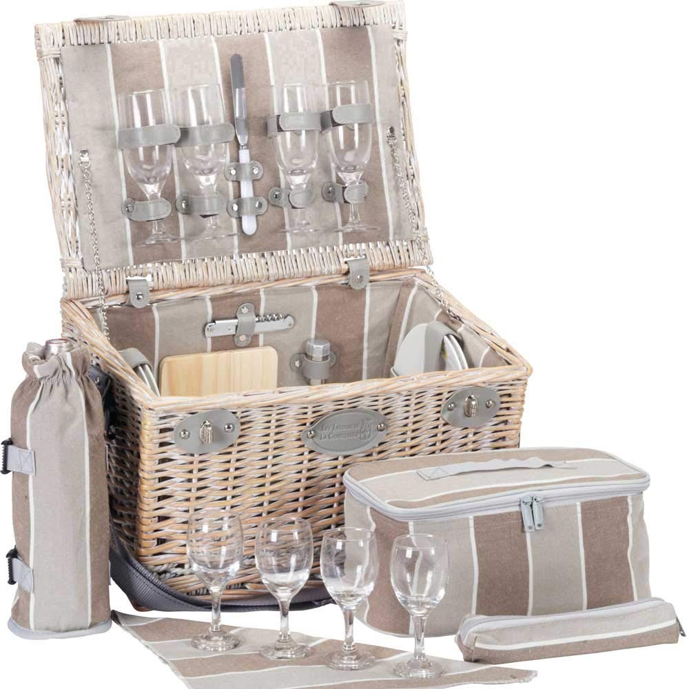 Les Jardins de la Comtesse - Cesta/Canasta de Picnic de Mimbre Polo Club Beige y Gris para 4 Personas Completa con Compartimiento Isotermo - 44 x 30 x 26 cm