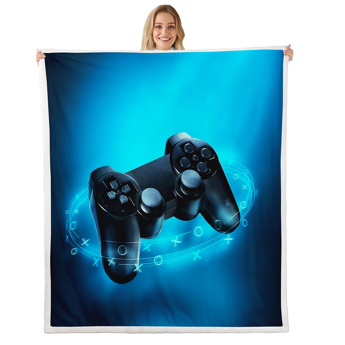 Homemissing Jungen Spiele Flanell Fleecedecke Kinder Gamepad Decke 150x200cm für Schlafsofa Couch Dekor Videospiele Wärme Kuscheldecke Moderne Spieler Konsole Aktion Tasten Wohndecke Ultra Weich Blau