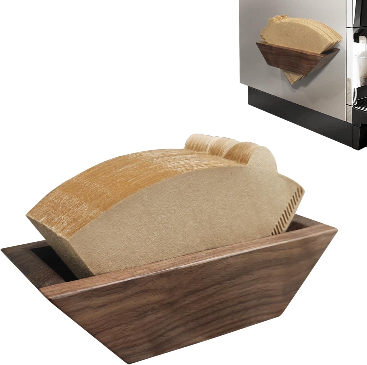 Coffee Filter Holder Magnetic, Solid Walnut Wood Coffee Filter Storage Organizer for Coffee Station, Holds Up to 100 V60-Style Cone Paper Filters, Side Mount for Espresso Machine or Fridge