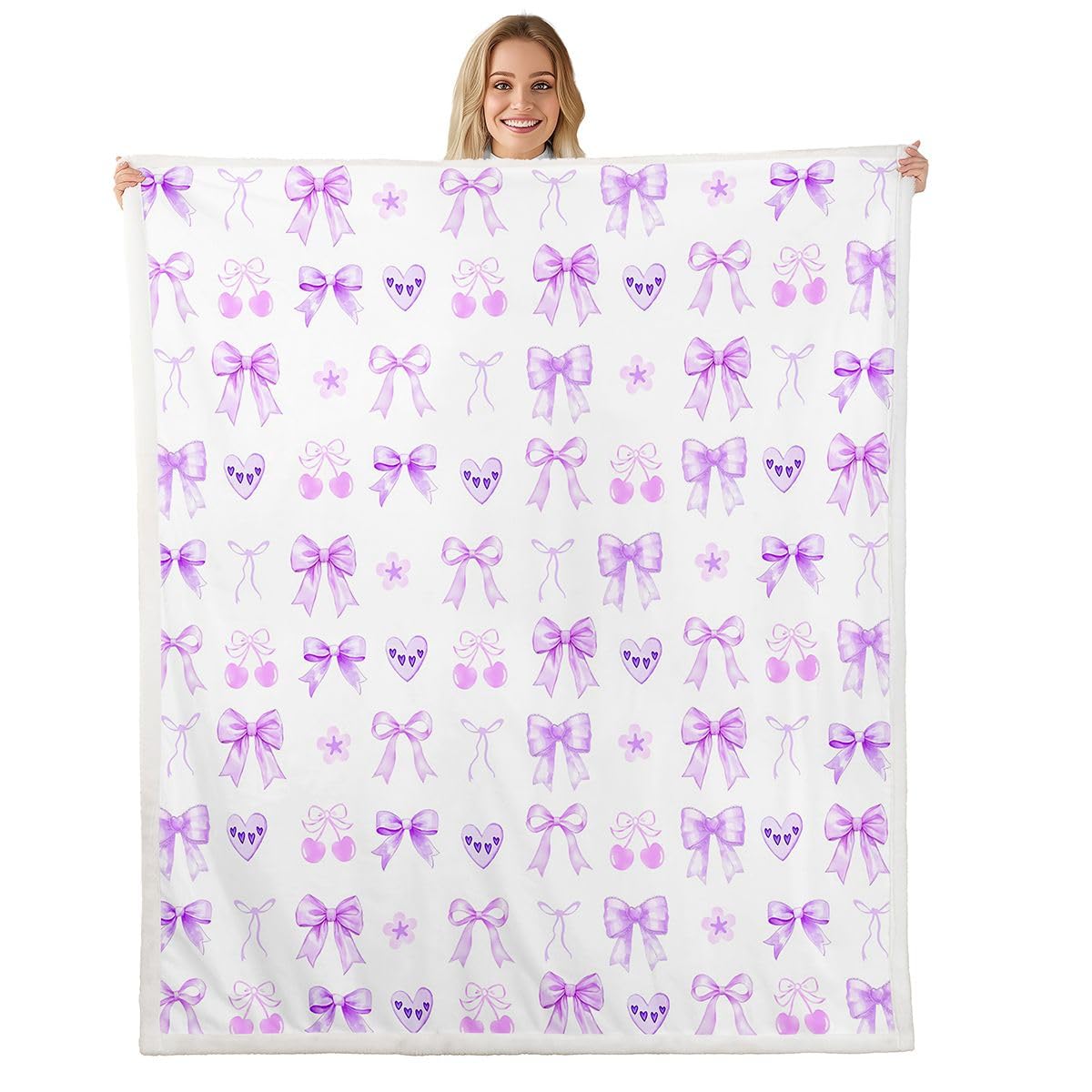 Homewish Fioletowa wiśnia kokarda koc polarowy Twin 152 x 203 cm urocze serce ciepły pluszowy koc szerpa urocza wstążka kokarda puszysty pluszowy narzuta miłość walentynki serce biuro kawaii wystrój