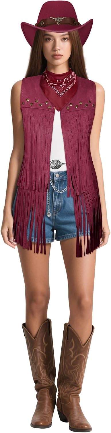 Cowgirl Costume for Women Retro Fringe Vest Cowboy Outfits Hat Earrings Waist Chain Western Costume
