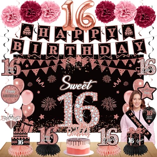 Eucutur 42PCS Sweet 16 Birthday Party Decoration Kit for Girls, Rose Gold Happy 16th Bday Banner Balloon Honeycomb Centerpiece Swirl Paper Pompom Party Supplies, 16 Bday Sash Table Cake Topper Swirl