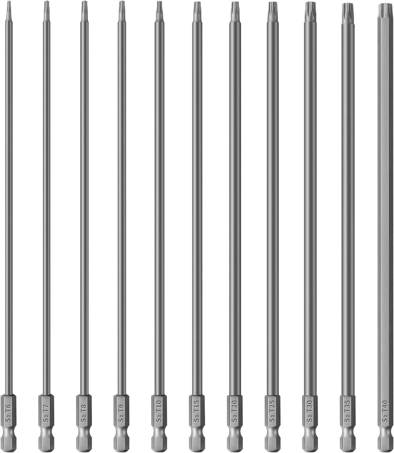 11pcs 200mm Extra Long Torx Bit Set Screwdriver, Security Torx Bits Socket Set, Tamper Proof 1/4'' Hex Shank with Magnetic Head S2 Steel Star Phillips Impact Driver Drill Safety Star Bit Set (T6-T40)
