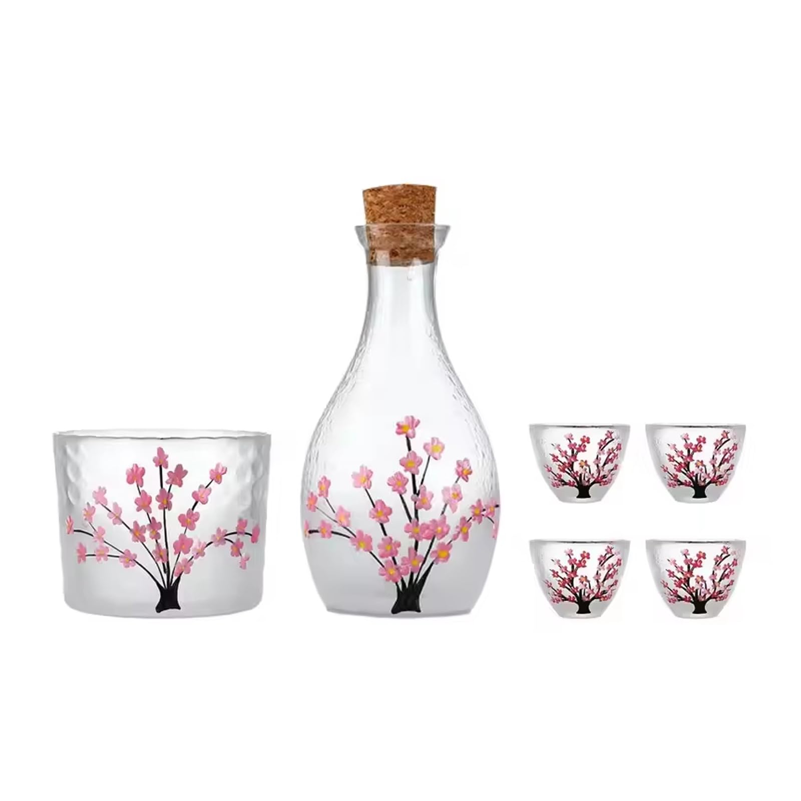 Elnwnnkc Japanese Sake Set 200ml Thickened Glass Pots Carafe Bottle and 4 Cups with 1 Tanks Ideal for Warming Liquor Japanese Sake Pots