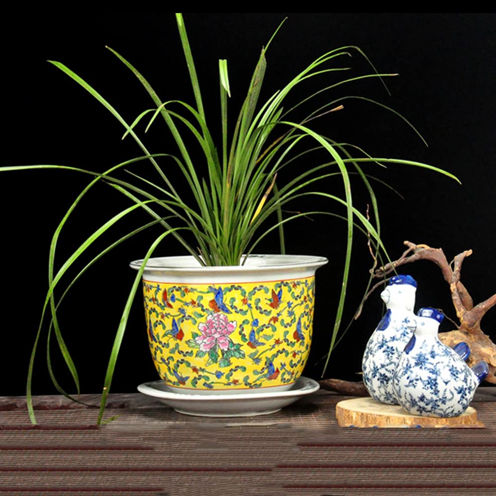 DFGHNBVC Ceramic Planter Pot Chinoiserie Plant Pots For Indoor Outdoor Flowers House Plants Jingdezhen Hand Painted Pastel Pottery,Yellow-24cm