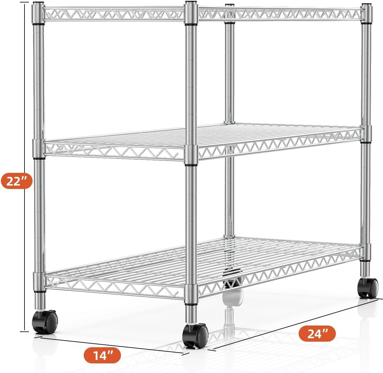 3-Tier Heavy Duty Storage Shelf Unit - Chrome Wire Shelving, 24" D X 14" W X 22" H, Holds 750 Lbs, Wheels Included - View #7