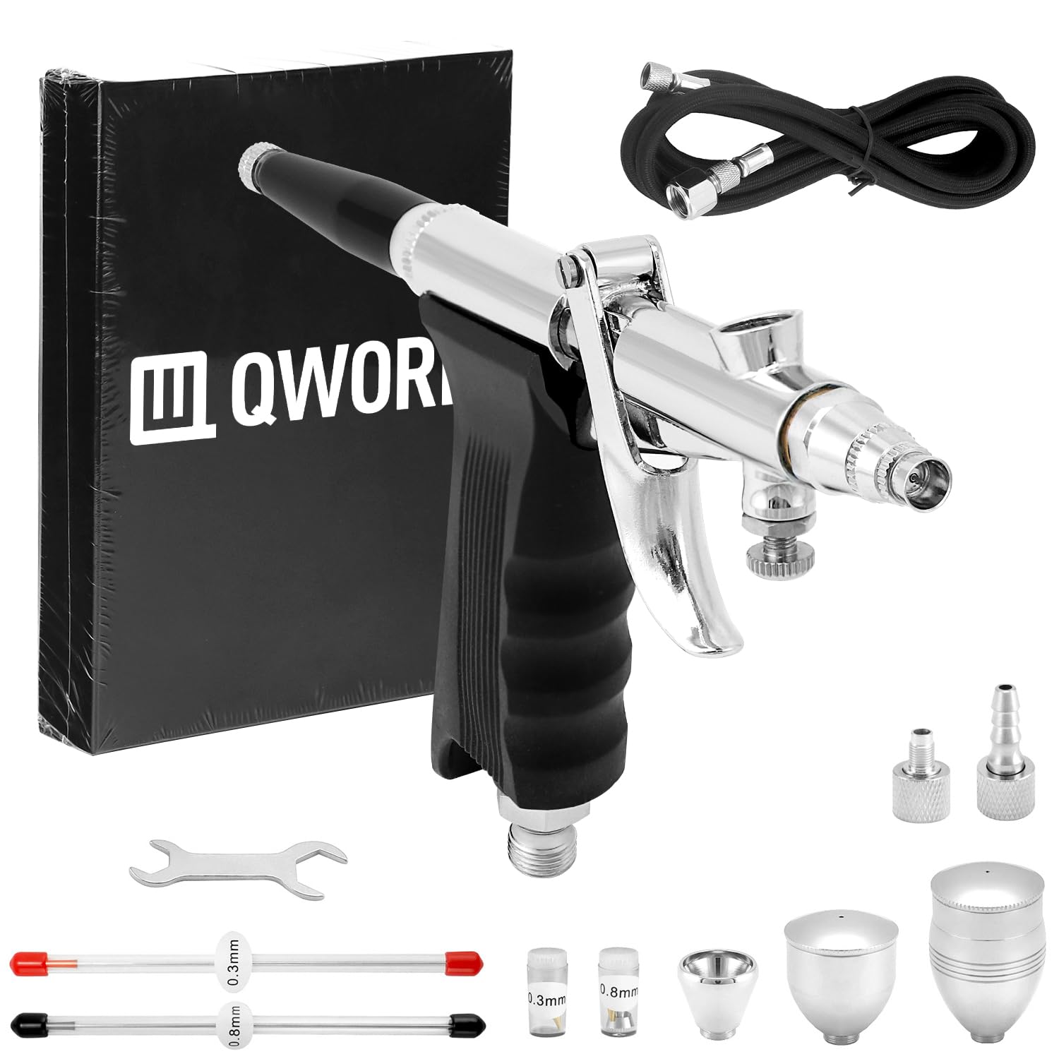 QWORK® Kit Pistola aerografo Professionale - Ugelli Proiettile 0,3 mm 0,5 mm 0,8 mm - Tazza Vernice 2 CC 5 CC 13 CC - Lunghezza Tubo 1,8 m