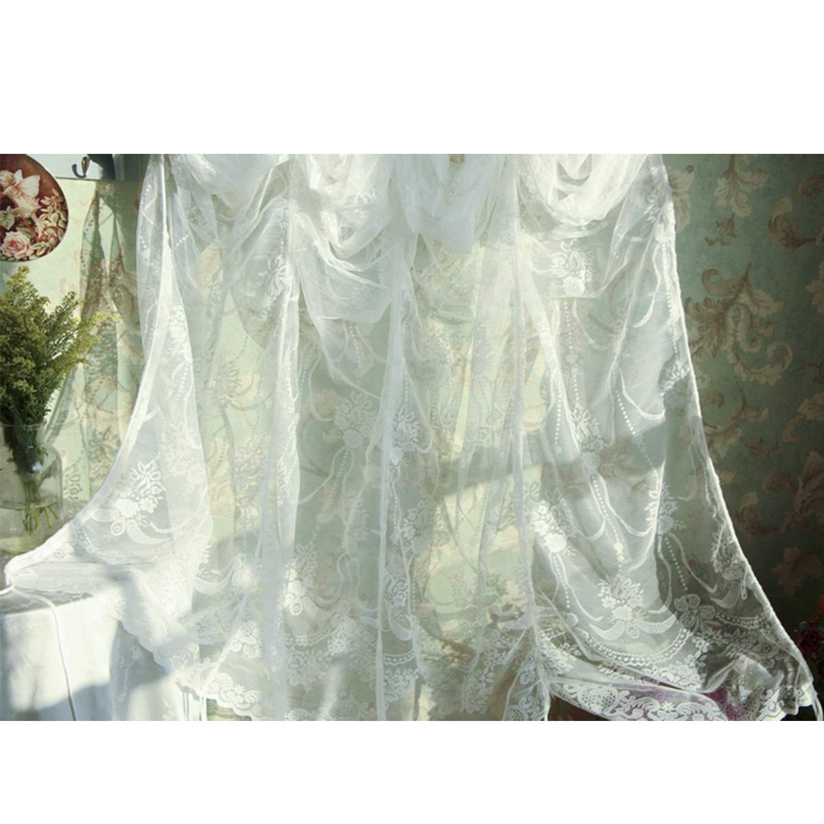 FADFAY Lace Balloon Curtan Whte Adjustable Te-Up Curtan Shade