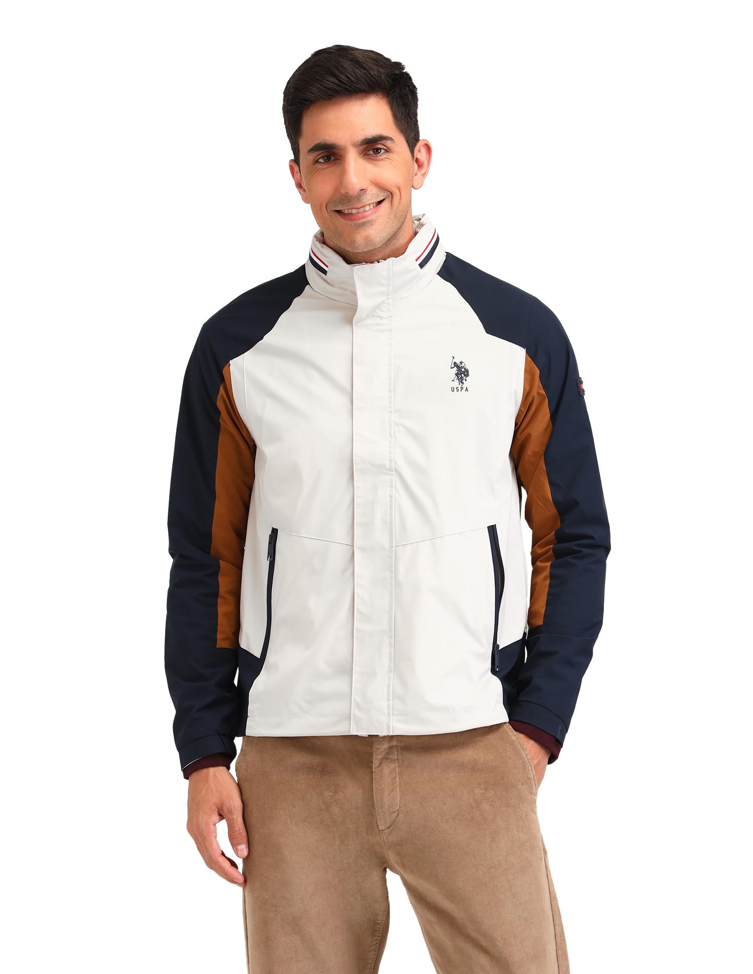 Men's Ecru Colour Blocked Hooded Long Sleeve Casual Polyester Regular Fit Jacket-image-0