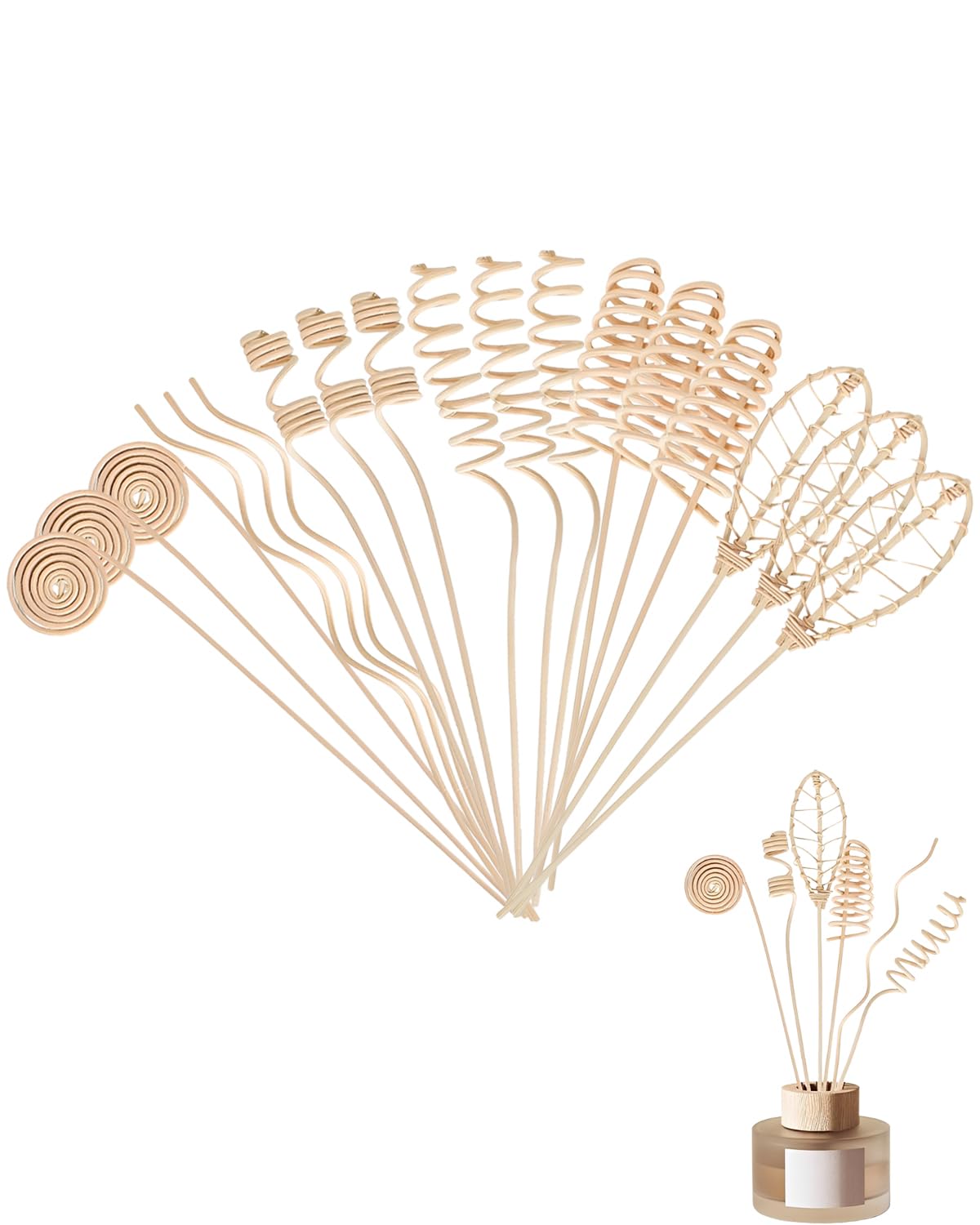 Varillas Difusoras Mikado - 18 Piezas de Ratán Natural con Varios Diseños Botánicos para Aceites Esenciales, Recambio de Ambientador Decorativo para Hogar.