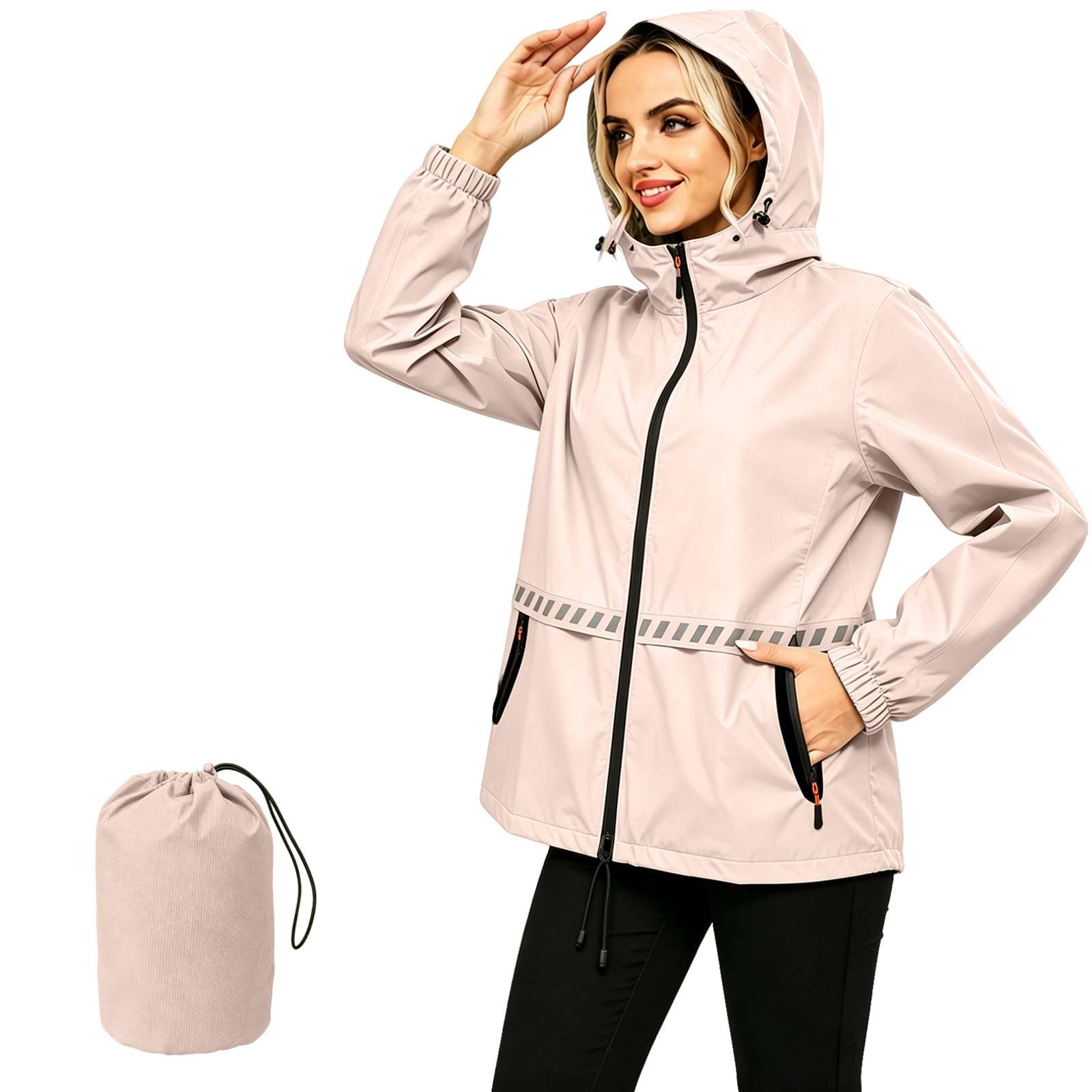 Wudeui Women's Pink Waterproof Rain Jacket For Lightweight Packable Raincoat With Hood For Outdoor Golf Hiking Travel Windbreaker