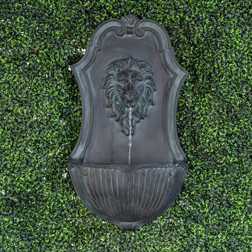 Image of XBrand 29.9 inch Solar-Powered Wall-Mounted Lion Head Fountain, Resin, Outdoor, Gray