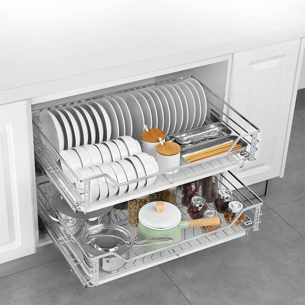 Stainless Steel Pull Out Cabinet Drawers 2-Tier Heavy Duty Slide Out Cabinet Organizer Shelf, Pull Out Bowl Basket Cabinet Organizer for Home, Kitchen, Bathroom
