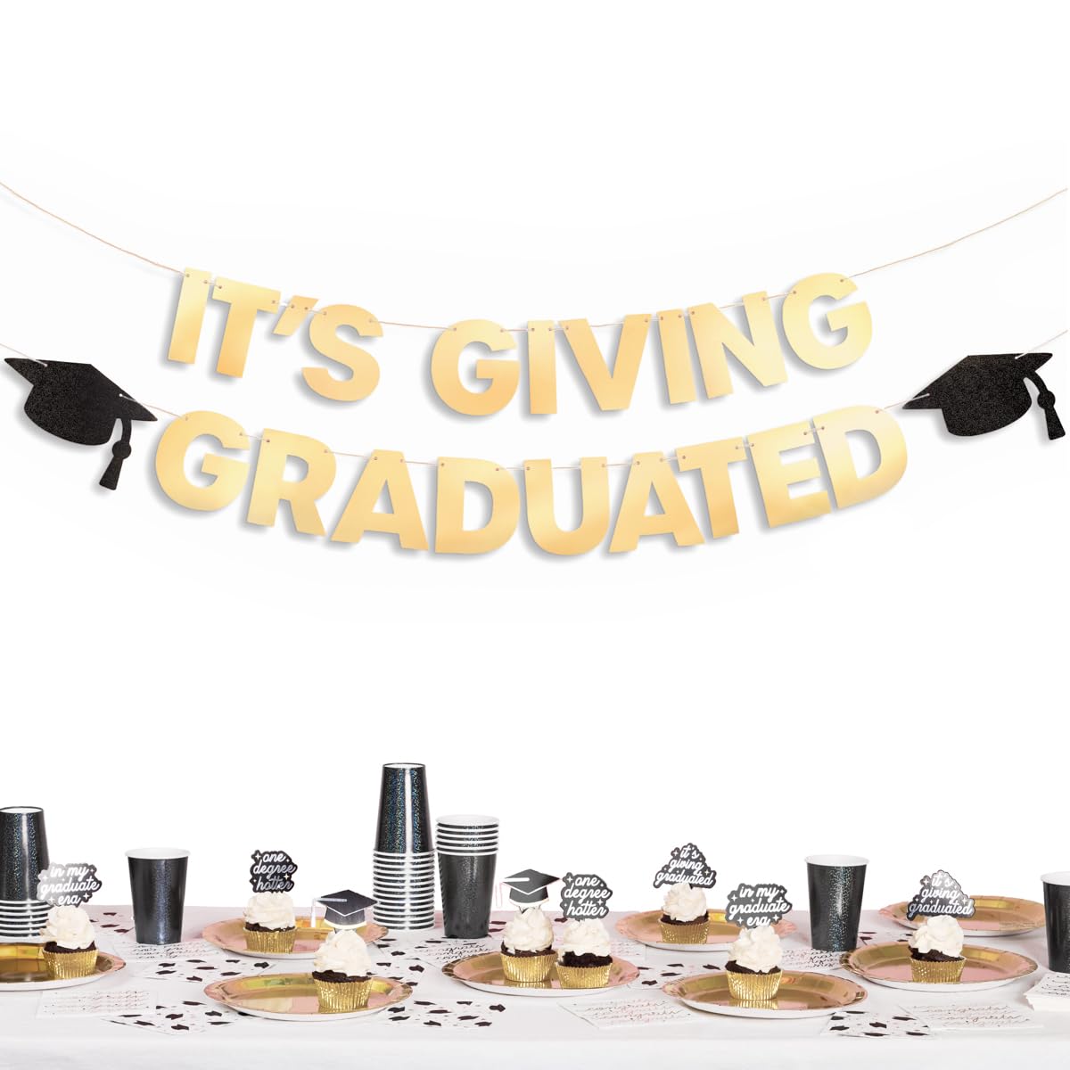 Photo 1 of *******SIMILAR****** xo, Fetti It's Giving Graduated Banner - Gold Foil | 6 Ft. | Graduation Decorations, Grad Cap Sign, College Ceremony Sign, High School Party Photoshoot Backdrop