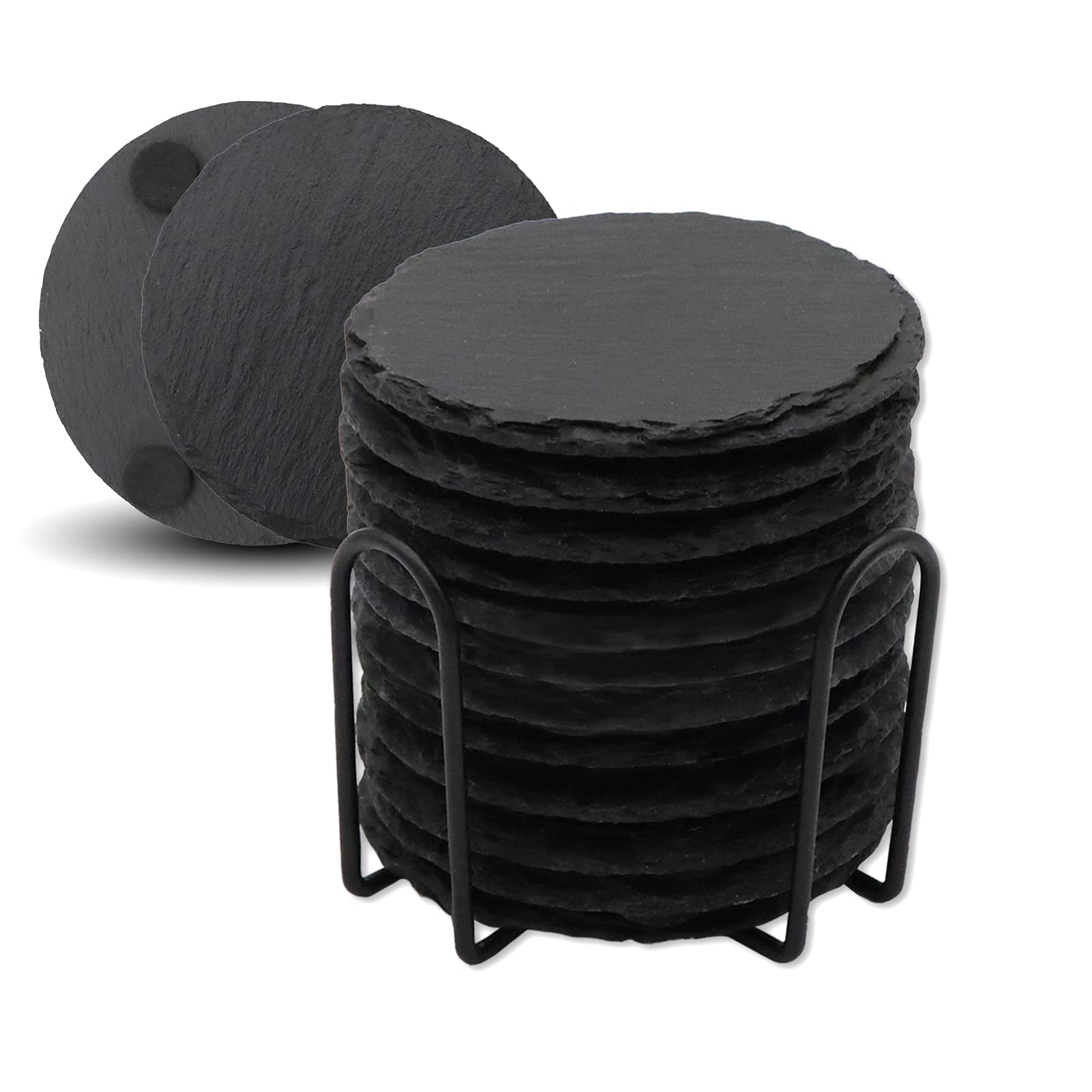 Set Di 8 Sottobicchieri In Ardesia Naturale - Diametro 10 Cm, Nero, Con
